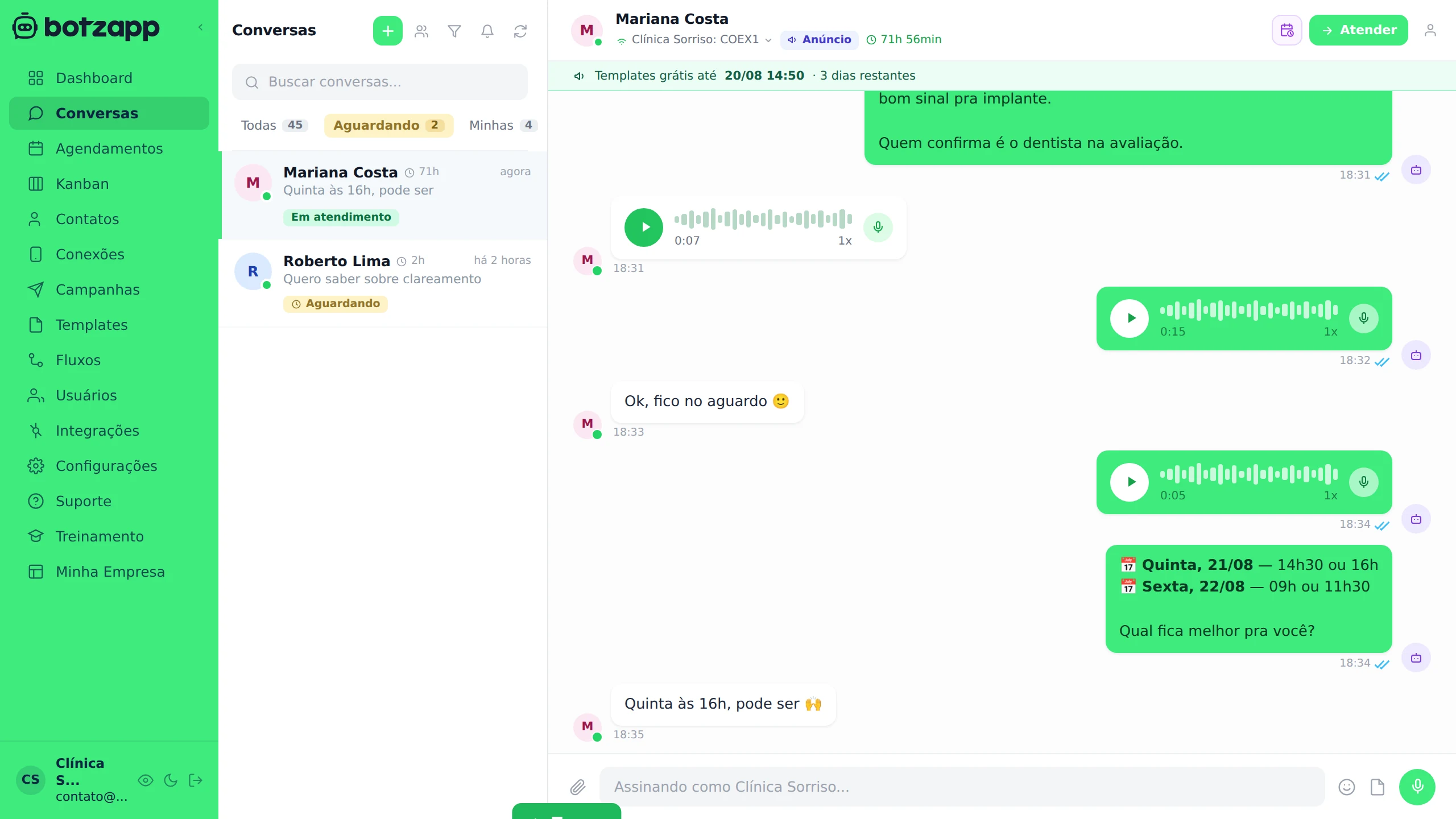 Interface do Botzapp durante um atendimento com IA