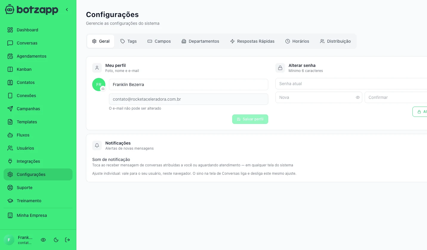 Configurações no Botzapp